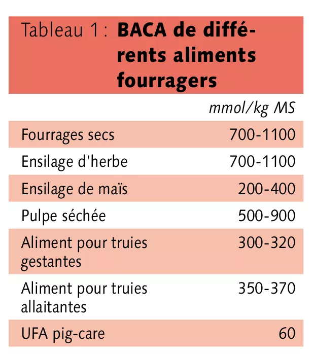 Tableau BACA de différents aliments fourragers